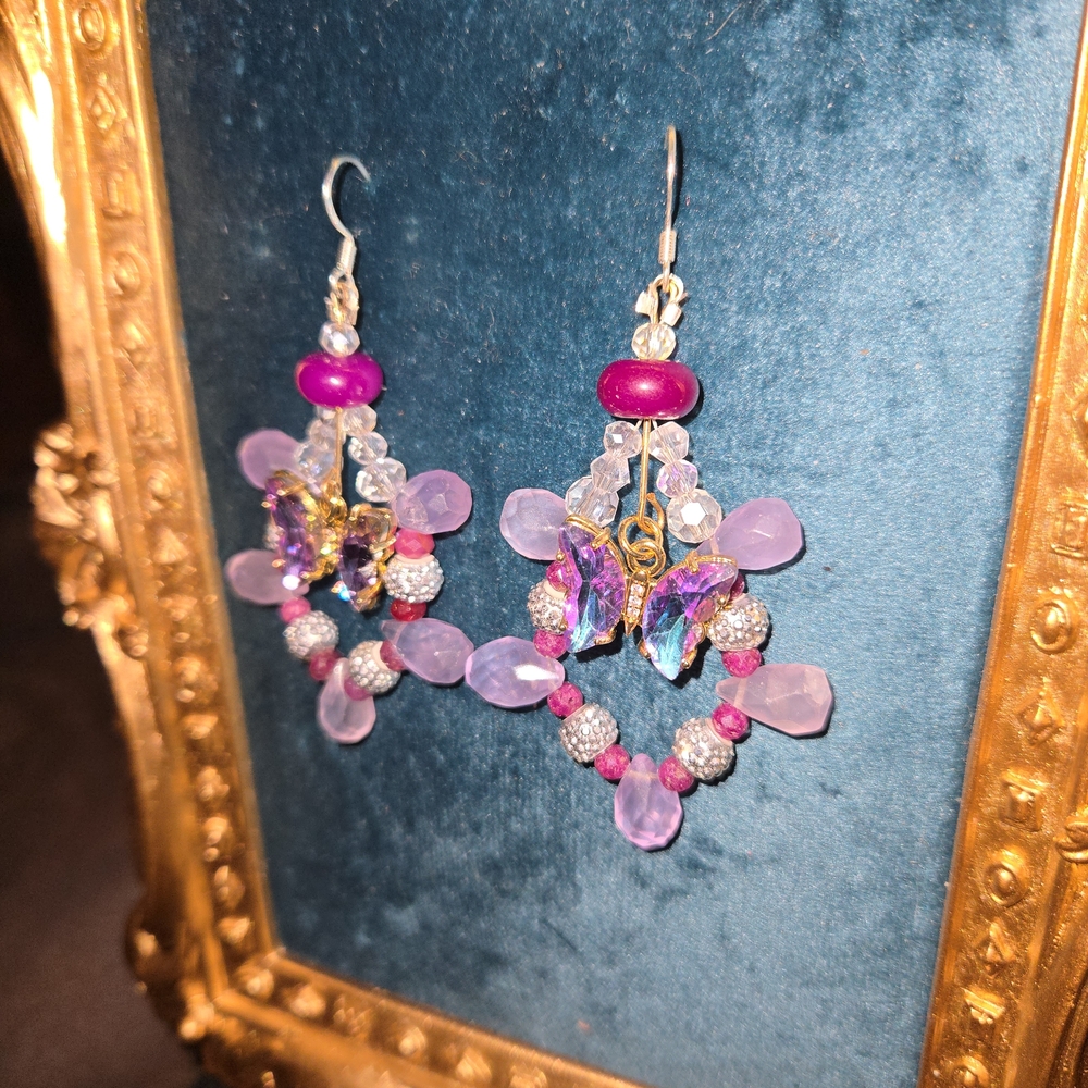 **SOLD ARTISAN Elegant Ruby, Rose De France, Purple Spinel Butterfly Earrings - Picture 6 of 6